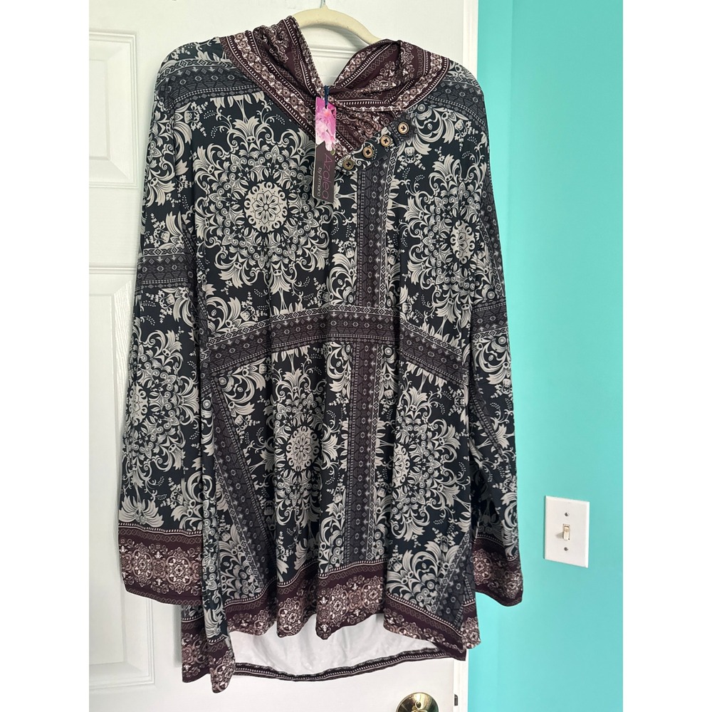 Azalea by Firmiana Womens 4XL Hooded Tunic Top Black Burgundy Damask Print NWT